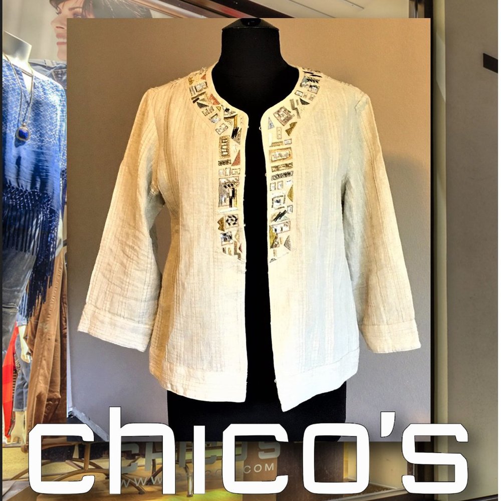 CHICO'S Tan Linen Jacket Top with Embellishments - Picture 1 of 12